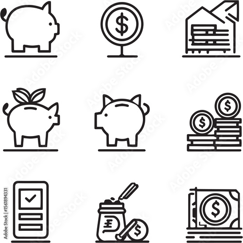 Money savings Black Line Editable Icons set 