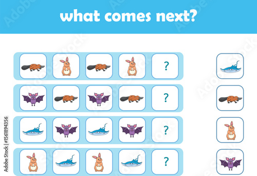 What comes next. Logical activity for preschool children with cute wild animals. Vector Illustration
