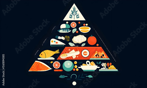 Food pyramid depiction with stylized servings on layered tiers against a dark background in an illustration style