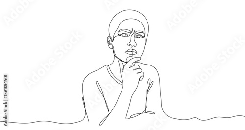Person pondering in one line art style. Person drawing with editable black stroke on white background. Vector illustration.