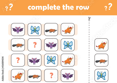 Education game for children complete the pattern. Cute wIld animals. Vector Illustration