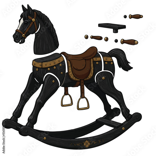 Vector art of a black wooden rocking horse, segmented parts shown individually, decorative vintage theme Adobe Illustrator Artwork