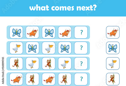 What comes next. Logical activity for preschool children with cute wild animals. Vector Illustration