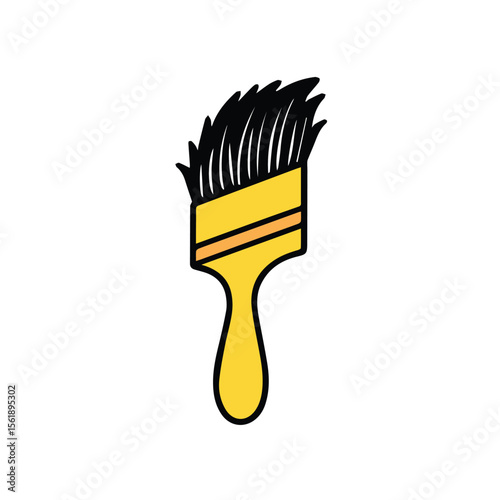 Yellow paintbrush illustration with black bristles in a simple, graphic design. A tool for painting in a general purpose setting. General-use painting tool. illustration -