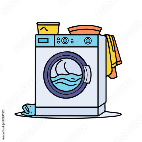 Colorful illustration of a washing machine with clothes and detergent containers. Modern appliance in a home setting with a full load of laundry.