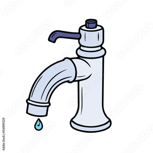 Water faucet dripping with a single drop. Simple, stylized illustration of a classic water faucet dripping water, a simple line drawing style.