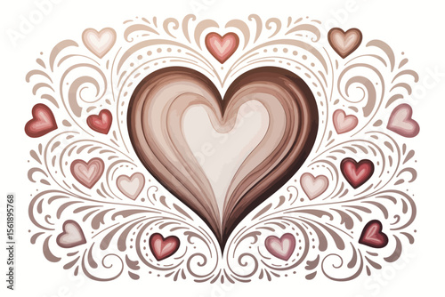 a central heart with a gradient of pink and brown tones, surrounded by smaller hearts and intricate swirling floral patterns in matching colors, set against a white background