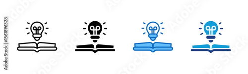 Read & Learn - Multi Style Icon Sheet Vector Design - Open book with a light bulb, symbolizing reading or gaining new ideas