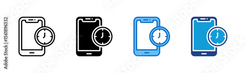 Phone Reminder - Multi Style Icon Sheet Vector Design - smartphone with a clock symbol, indicating a scheduled alert or digital reminder