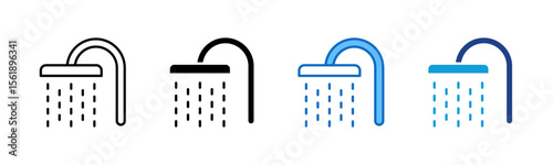 Shower Routine - Multi Style Icon Sheet Vector Design - Showerhead with falling water, representing daily hygiene or refreshment