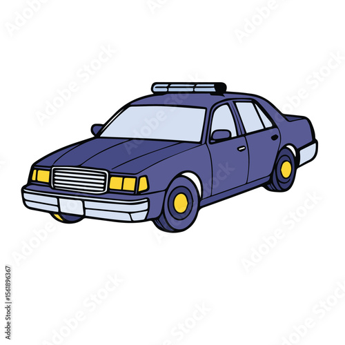 Purple police car with stylized design in simple graphic illustration. Static, front-facing view of the vehicle with a white background.
