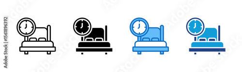 Sleep Time - Multi Style Icon Sheet Vector Design - bed with a clock, representing scheduled or sufficient sleep time