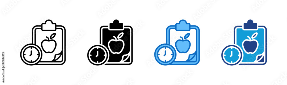 Obraz premium Diet Schedule - Multi Style Icon Sheet Vector Design - clipboard with an apple and clock, illustrating a timed diet or nutrition plan