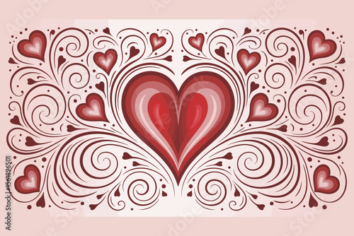 A large central heart with a gradient of red shades, smaller hearts and intricate swirling floral patterns in matching tones, a light pink background, evoking a romantic and decorative theme