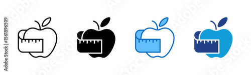 Calorie Check - Multi Style Icon Sheet Vector Design - An apple with measuring tape, indicating diet tracking or calorie monitoring
