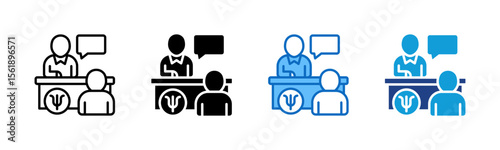 Consultation - Multi Style Icon Sheet Vector Design - desk scene with two people and a dialogue bubble, representing consultation or discussion