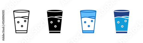 Drink Water - Multi Style Icon Sheet Vector Design - glass filled with water, suggesting hydration or daily water intake