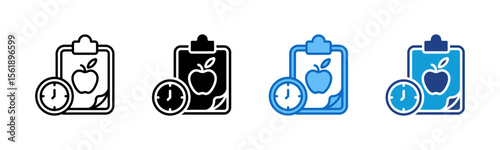 Diet Schedule - Multi Style Icon Sheet Vector Design - clipboard with an apple and clock, illustrating a timed diet or nutrition plan