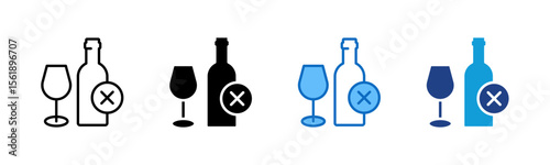 No Alcohol - Multi Style Icon Sheet Vector Design - wine bottle and glass with an “X” mark, symbolizing alcohol restriction or abstinence
