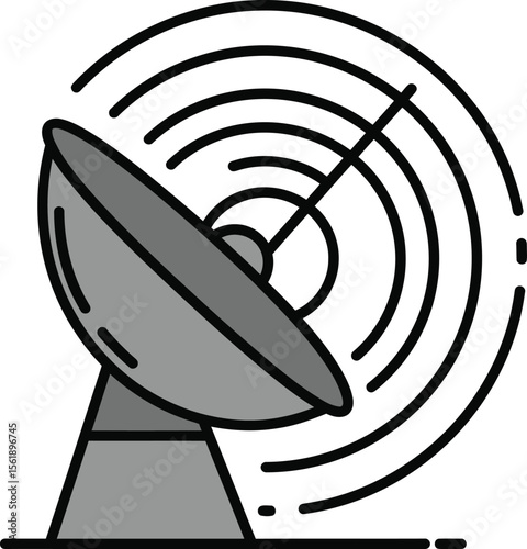 Illustration of a satellite dish emitting concentric waves, depicted in grayscale with a black outline.