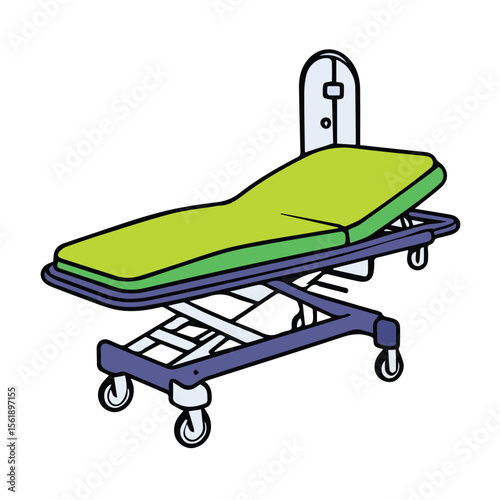 Medical examination table with bright green upholstery. Mobile examination table in a medical setting. Medical professional equipment for hospital use. ambulatory care clinic.