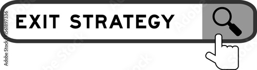 Search banner in word exit strategy with hand over magnifier icon on white background