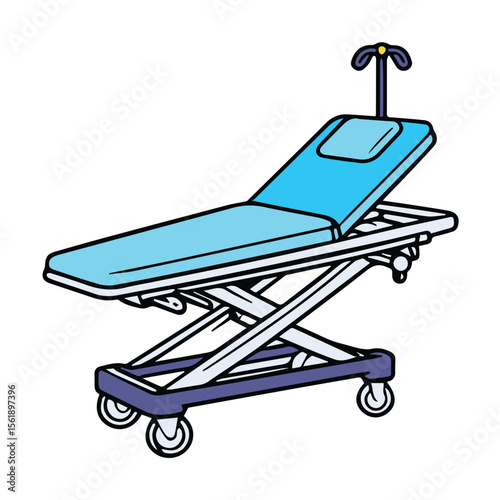A light-blue medical examination table on wheels, in a clinical setting. The table is shown in an upright, ready-for-use position, with no patient present.