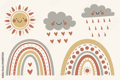 Cute boho rainbows and smiling sun and clouds with hearts and raindrops