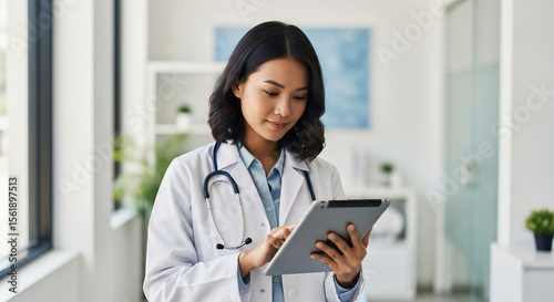 Confident young Asian female doctor using a digital tablet in a modern medical office. Professional healthcare worker wearing a white coat and stethoscope, reviewing patient information or medical rec