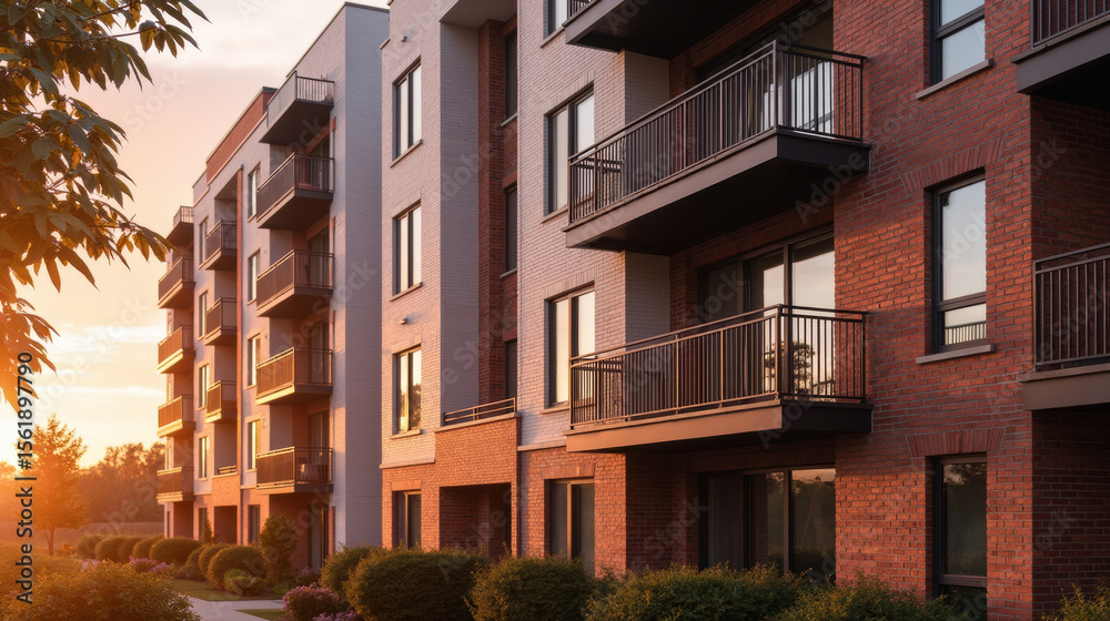 Fototapeta premium Modern apartment buildings with balconies and sunset lighting create warm atmosphere. architecture features brick and contemporary design elements
