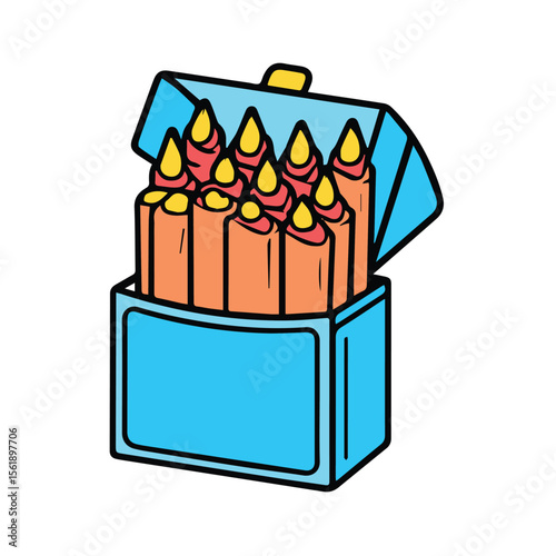 Colorful box of crayons with open lid. A group of crayons in a light blue box, ready for use in a classroom or home setting. Student + educational supply in school.