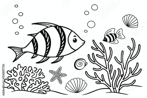 Cute cartoon outline of fish coral starfish and seashells underwater scene