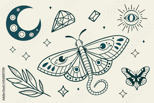 Mystical celestial composition featuring a moth moon stars crystals and an eye