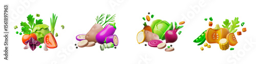 Set of 3D vector vegetables: cabbage, eggplant, corn, potato, tomato, greens, pumpkin.