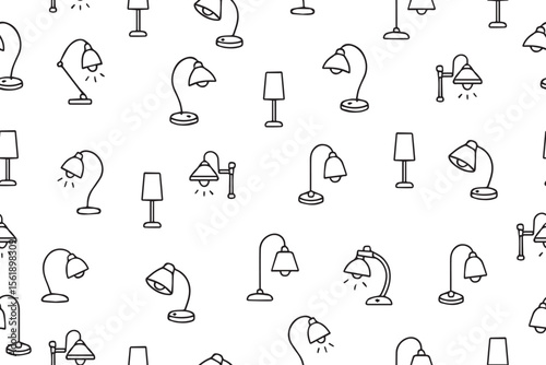 Seamless pattern of hand drawn light bulb icons. Different types of lamps: Pendant lamps, table lamps, lanterns, lamps with lampshades for indoor lighting. Vector