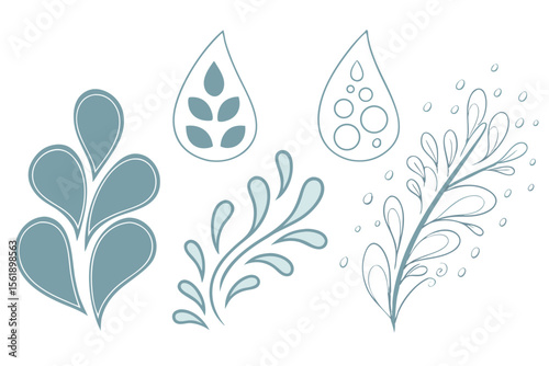 Stylized abstract water drops and plant elements in a cool blue color palette