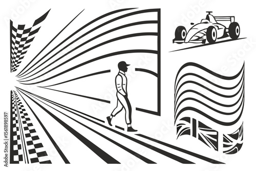 Formula one racer walks towards finish line with british flag and race car