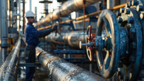 A man is inspecting long steel pipes and an elbow joint at an oil refinery. He is checking the valves to make sure they are working properly.