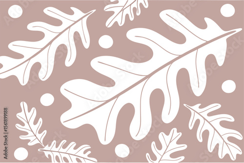 Abstract pattern of white oak leaves and circles on a muted pink background