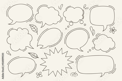 Collection of hand drawn speech bubbles and thought bubbles with decorative elements