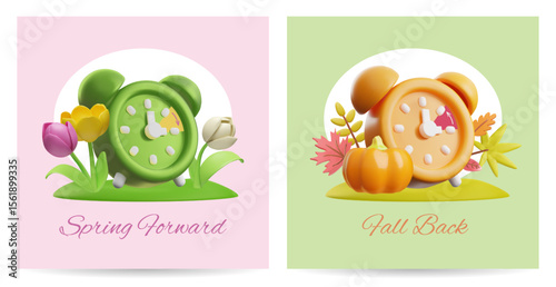 Spring forward, Fall Back 3D cartoon vector posters set, alarm clock, pumpkin, autumn leaves and spring tulip flowers