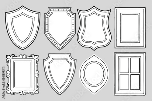 Collection of eight different shield and frame shapes in black and white outline