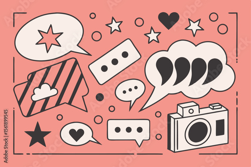 Collection of speech bubbles with stars hearts and a vintage camera on a coral background