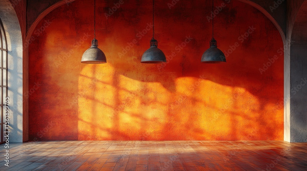 Fototapeta premium Empty sunlit room with terracotta walls and hanging lamps