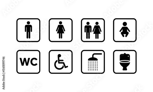 Bathroom Facility Icons Set  WC Shower Toilet Accessibility Gender Symbols