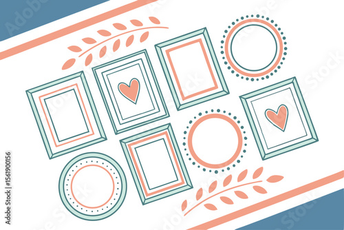 Collection of decorative picture frames and circular ornaments with hearts and leaves