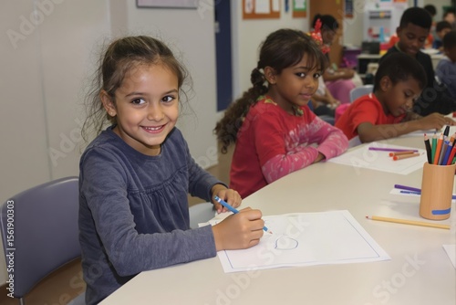 young student sitting at the table, painting and laughing