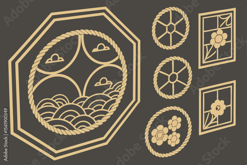 Collection of japanese traditional decorative elements with waves clouds and flowers