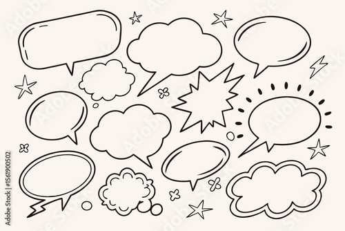 Collection of hand drawn speech bubbles and comic elements on a light background
