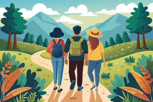 Vector illustration of people hiking together in a summer mountain landscape